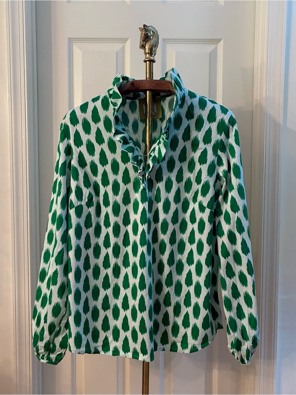 Vintage 00s Elizabeth McKay Green White Ruffle Collar Blouse